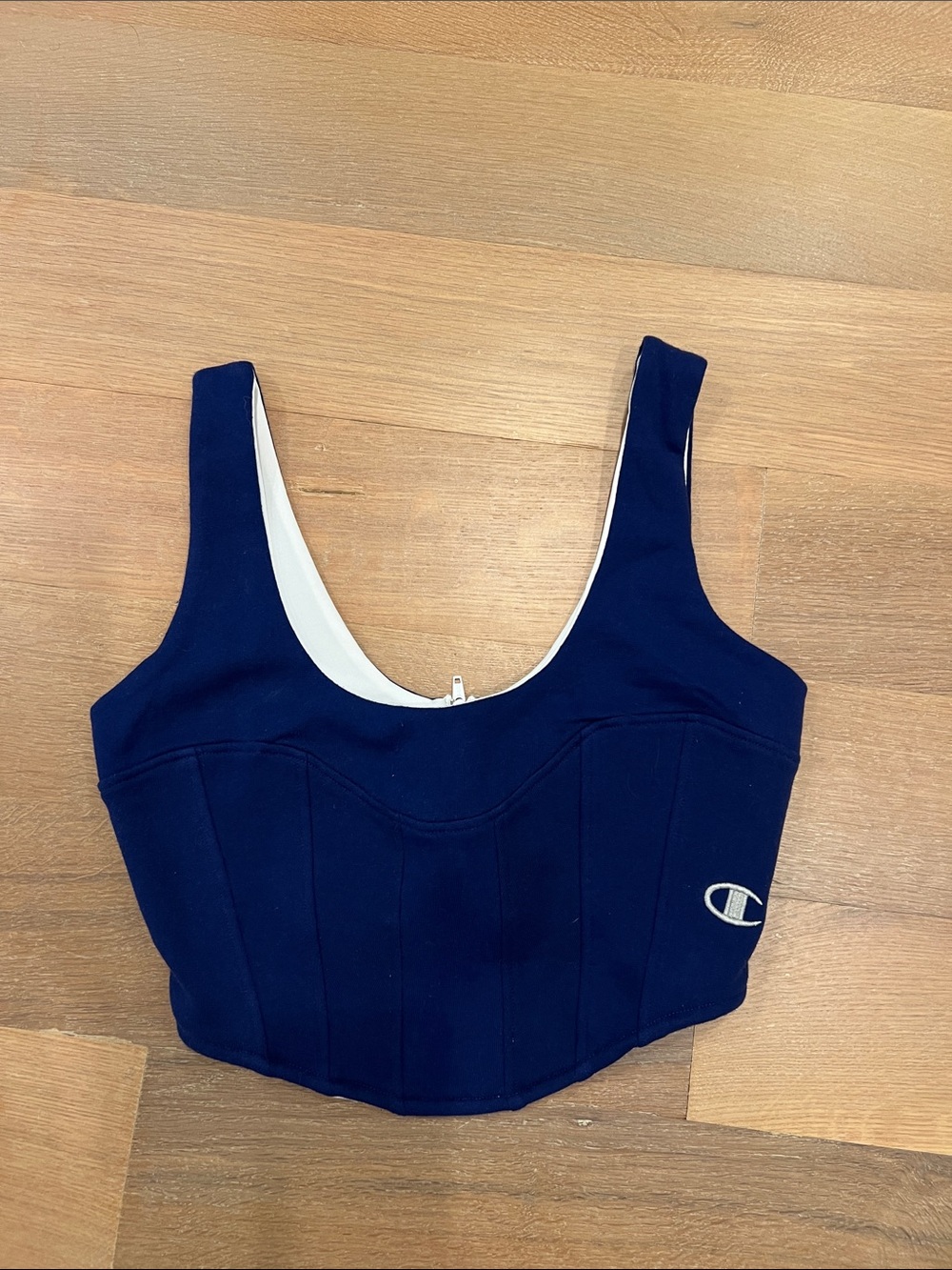 Frankie Navy Crop Corset with White Trim made from Champion Sweatshirt